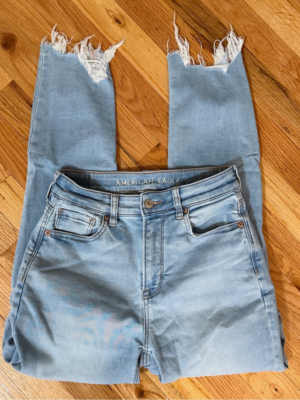 American Eagle Outfitters Light Blue Distressed Hem High-Rise Mom Jeans